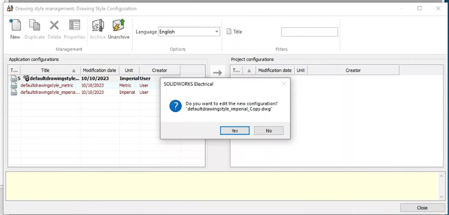 SOLIDWORKS Electrical Message Do You Want to Edit the New Configuration?