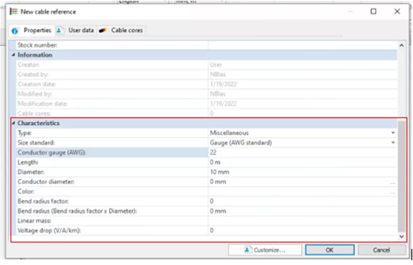 SOLIDWORKS Electrical New Cable Reference Characteristics 