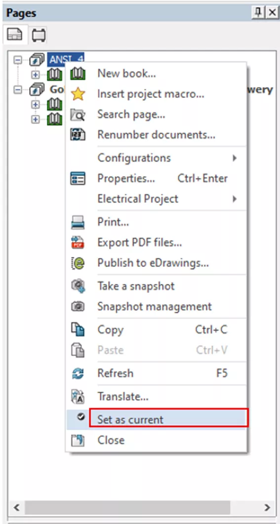 SOLIDWORKS Electrical Set as Current Option