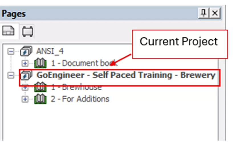 SOLIDWORKS Electrical Pages Tab Shows the Current Project