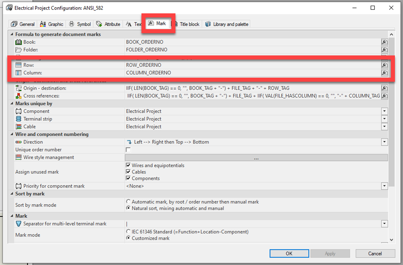 SOLIDWORKS Electrical Project Configuration Rows and Columns