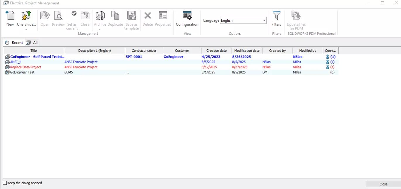 SOLIDWORKS Electrical Project Manager