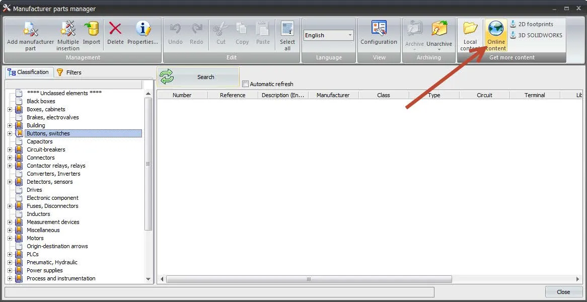 SOLIDWORKS Electrical Schematic Online Content Option 