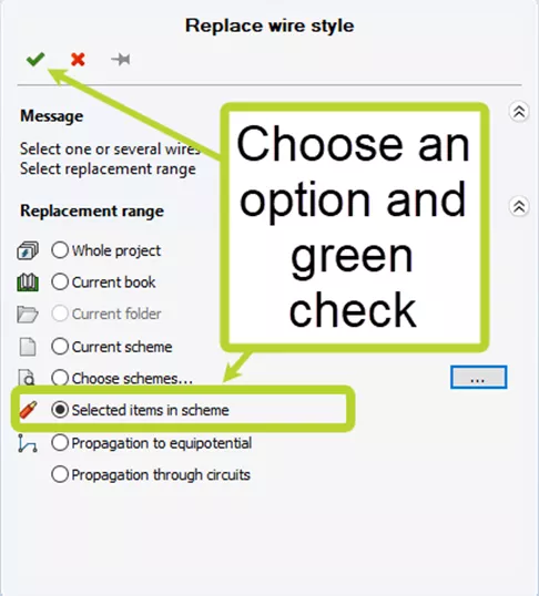 SOLIDWORKS Electrical Replace Wire Style Selected Items in Scheme Option 