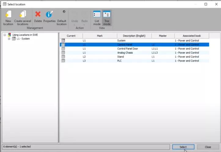 SOLIDWORKS Electrical Select Location Control Panel 