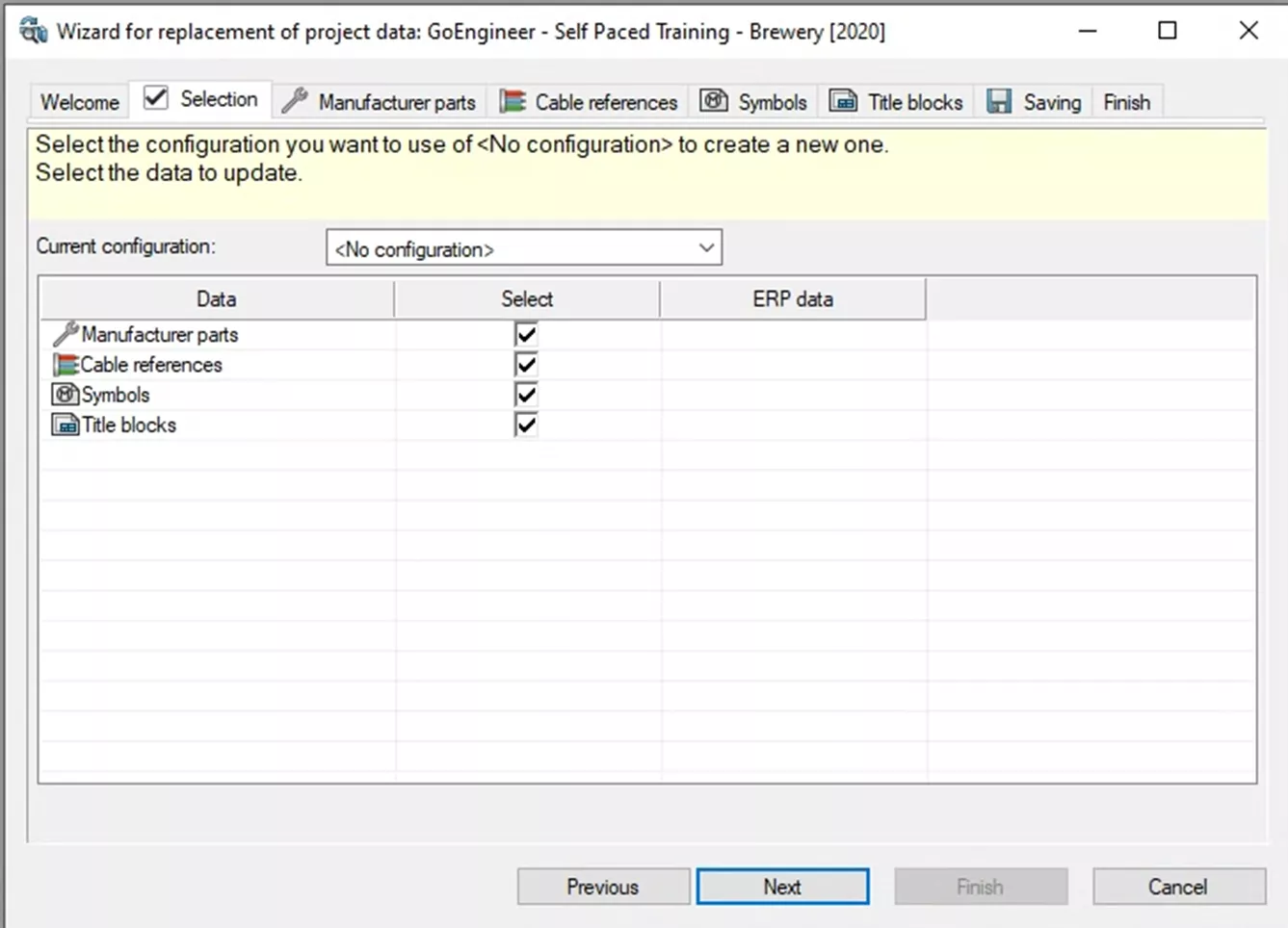 Selection Tab in the SOLIDWORKS Electrical Wizard for Replacement Project Data