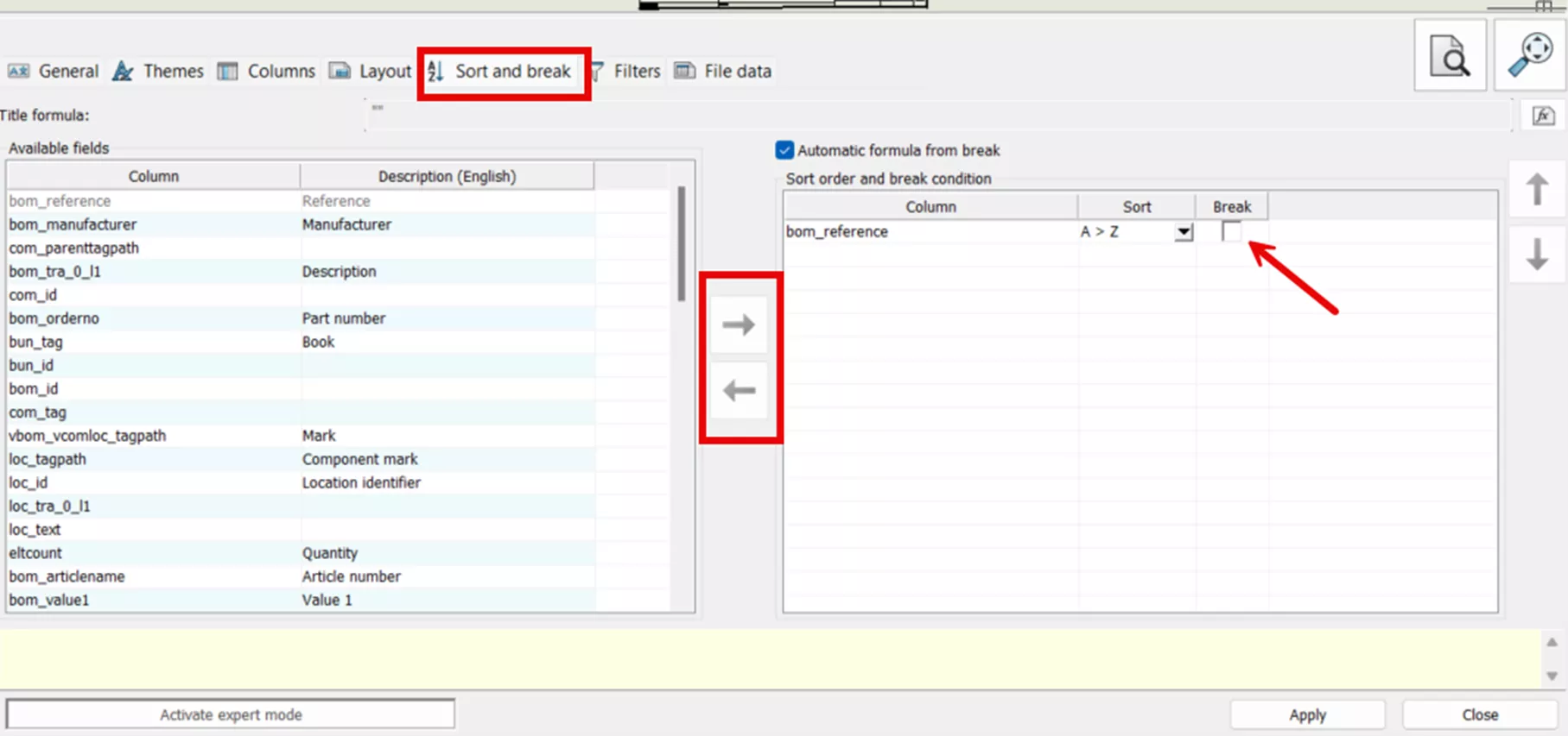 SOLIDWORKS Electrical Sort and Break Tab