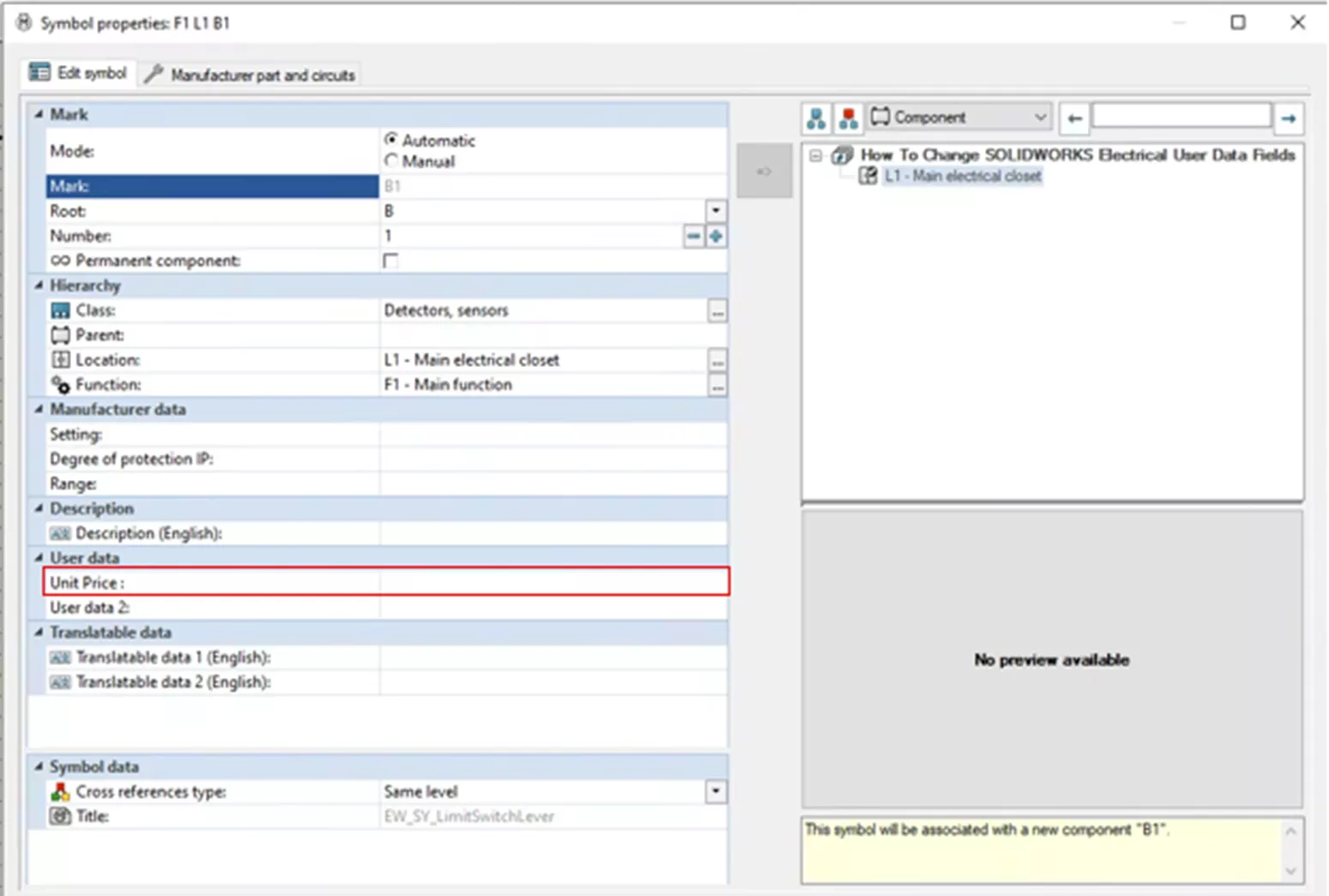 SOLIDWORKS Electrical Symbol Properties with Customized User Data
