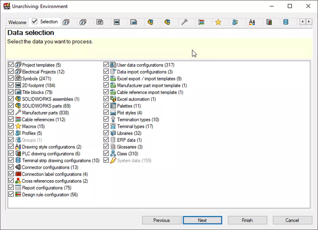 SOLIDWORKS Electrical Unarchiving Environment Data Selection