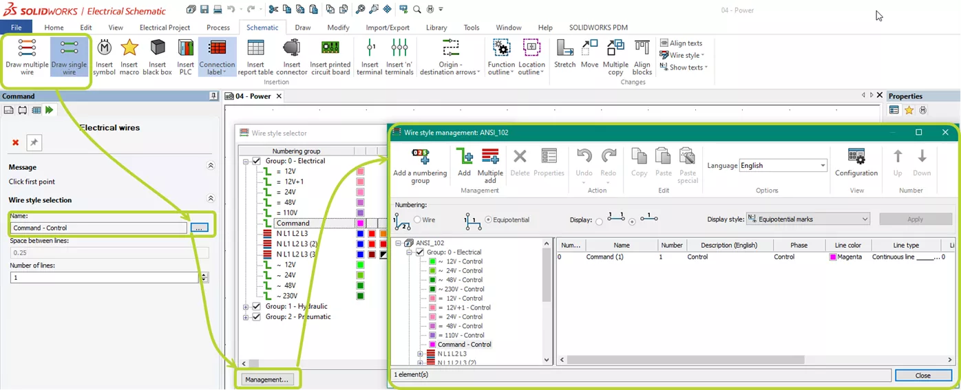 SOLIDWORKS Electrical Wire Style Manage from Draw Wire