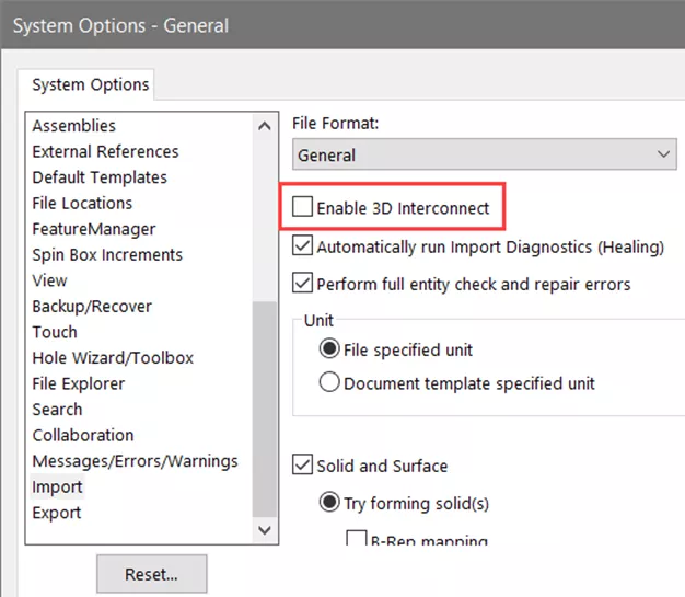 Deselected Enable 3D Interconnect Option in SOLIDWORKS System Options