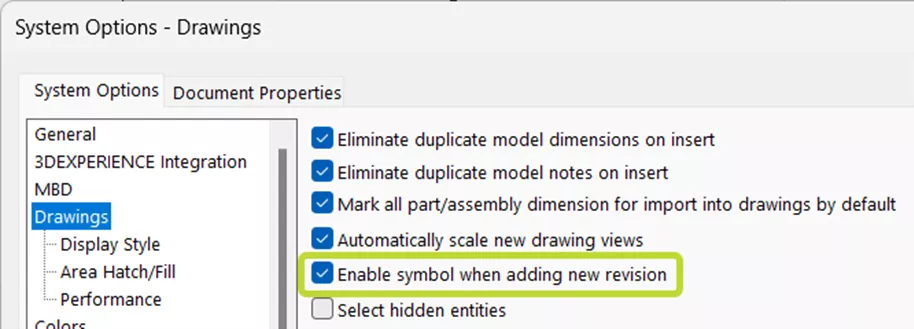 Enable symbol when adding new revision checkbox in SOLIDWORKS System Options - Drawings