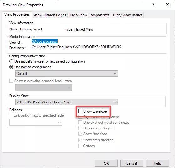 SOLIDWORKS Envelop Drawing View Properties