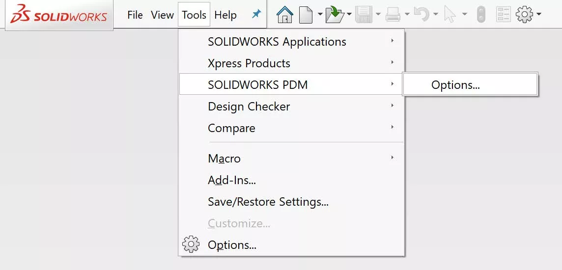 SOLIDWORKS EPDM Options Menu 