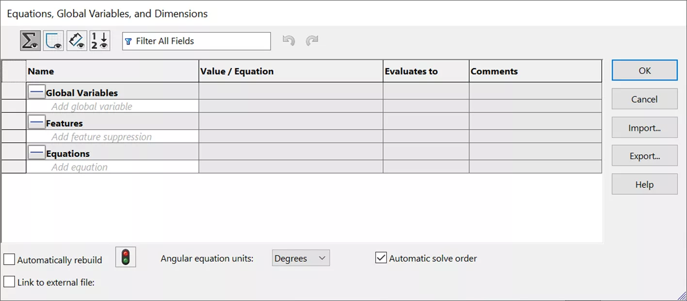 SOLIDWORKS Equations Global Variable and Dimensions Window