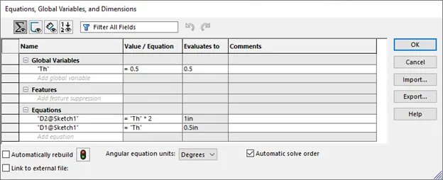 SOLIDWORKS Equations, Global Variables, and Dimensions