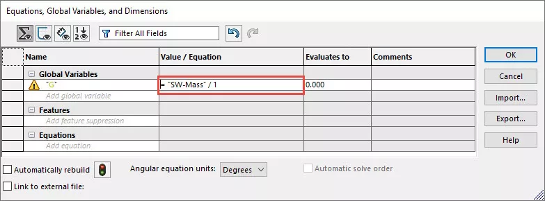 SOLIDWORKS Equations Manager Unit Conversion