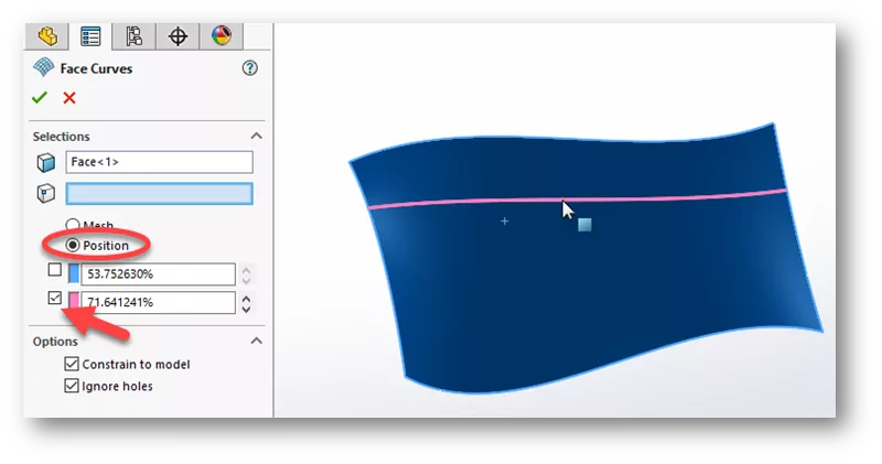 SOLIDWORKS Face Curves Position Options
