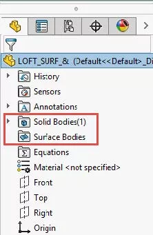 SOLIDWORKS FeatureManager Showing Solid Bodies and Surface Bodies