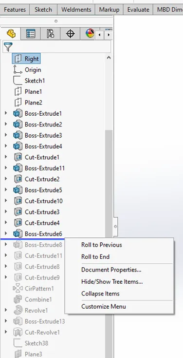SOLIDWORKS FeatureManager Tree Features