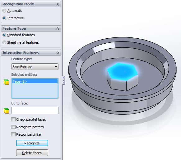 SOLIDWORKS FeatureWorks Boss Extrude Recognition Settings