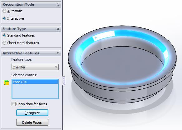 SOLIDWORKS FeatureWorks Chamfer Recognition Settings