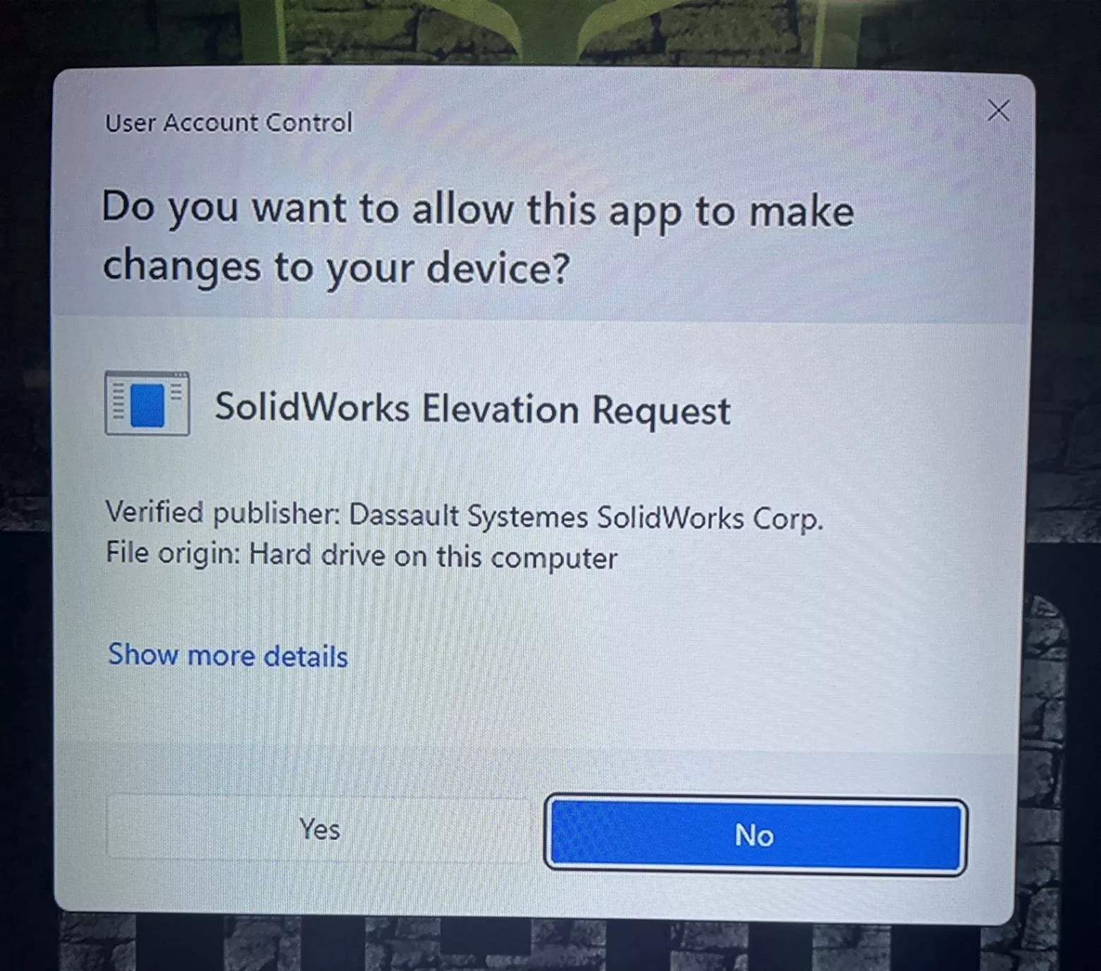 SOLIDWORKS Search Path User Account Control Message