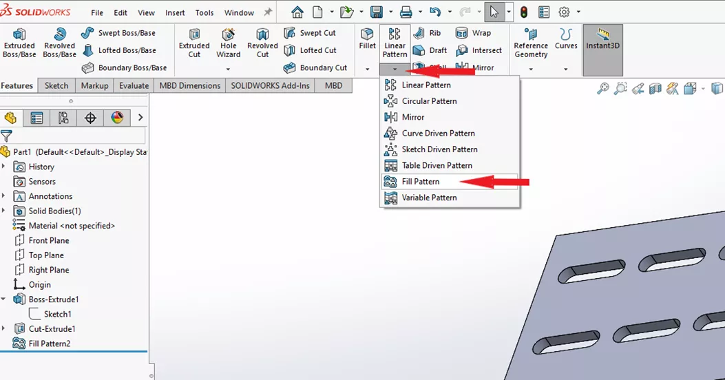 Location of the SOLIDWORKS Fill Pattern Command in SOLIDWORKS