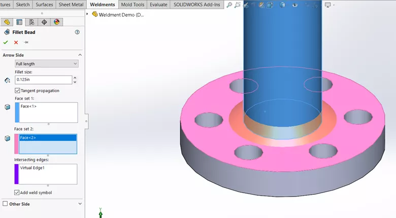 Fillet Bead Feature in SOLIDWORKS with Full Length, 0.125” Fillet Size, and Weld Symbol Selected