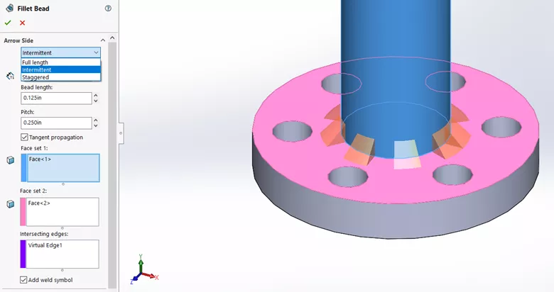 SOLIDWORKS Fillet Bead Options for Weld Type, Bead Length, Pitch, and Optional Weld Symbol