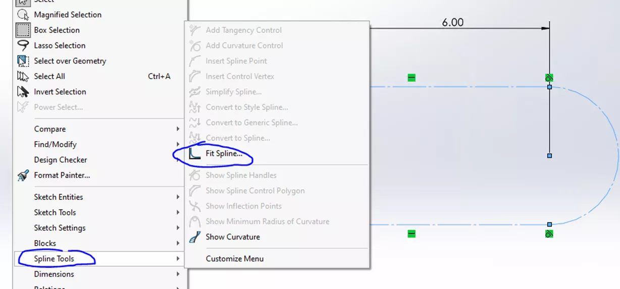 Location of the Fit Spline Command in SOLIDWORKS