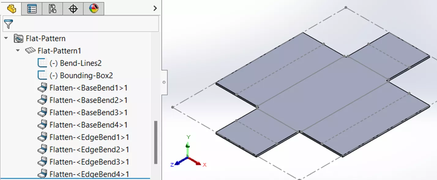 Example SOLIDWORKS Part Flattened with Flat Pattern Feature Expanded