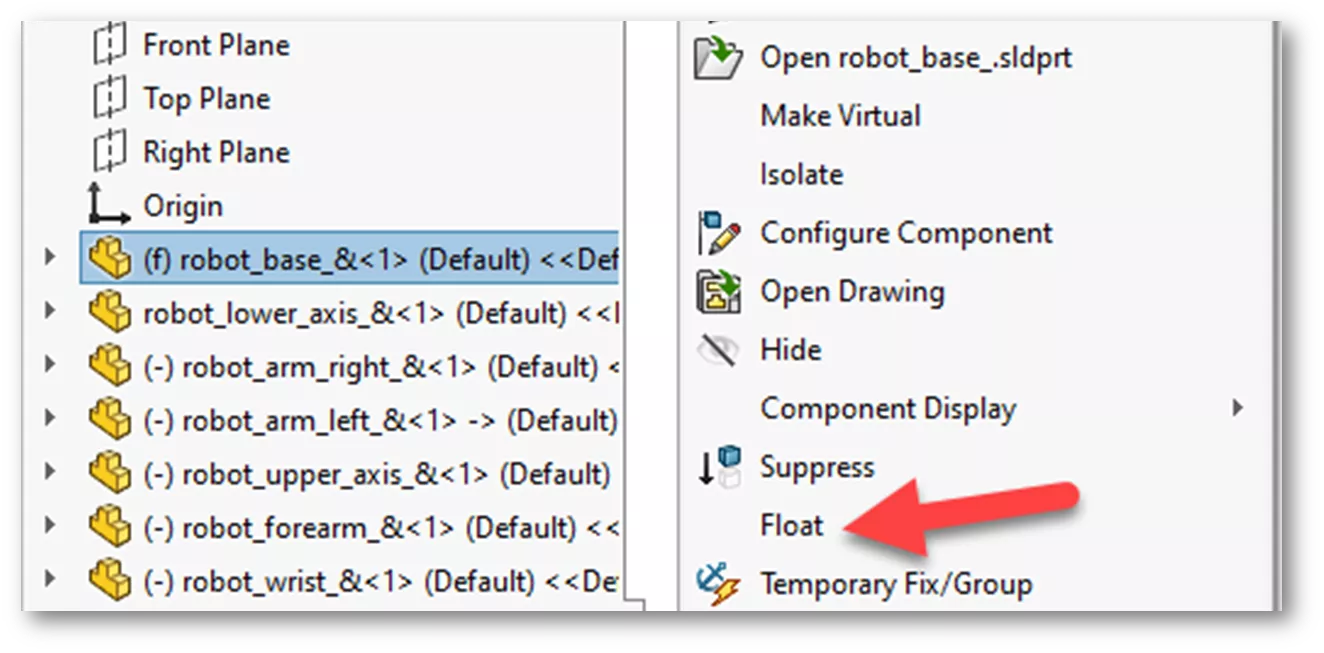 How to Use the Float Option for SOLIDWORKS Assembly Components