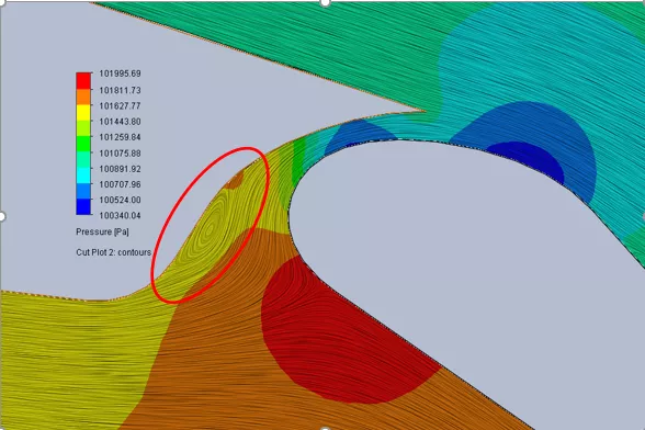 A close-up view of the slotted flap at 10° of deflection in SOLIDWORKS Flow Simulation 