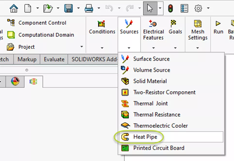 Sources Dropdown in SOLIDWORKS Flow Simulation CommandManager Tab with Heat Pipe Selected