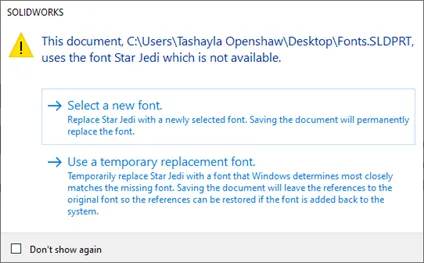 SOLIDWORKS Font Warning