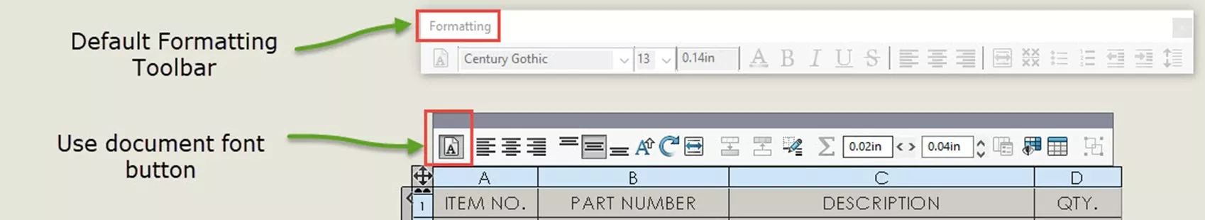SOLIDWORKS Formatting Table Template Text