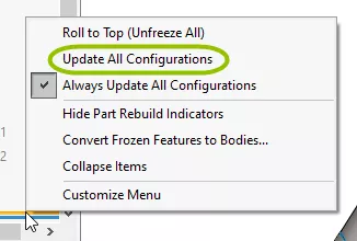 Update All Configurations Option in SOLIDWORKS Freeze Bar Shortcut Menu 