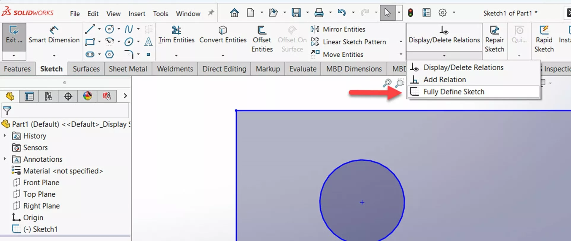 SOLIDWORKS Fully Define Sketch Tool Location