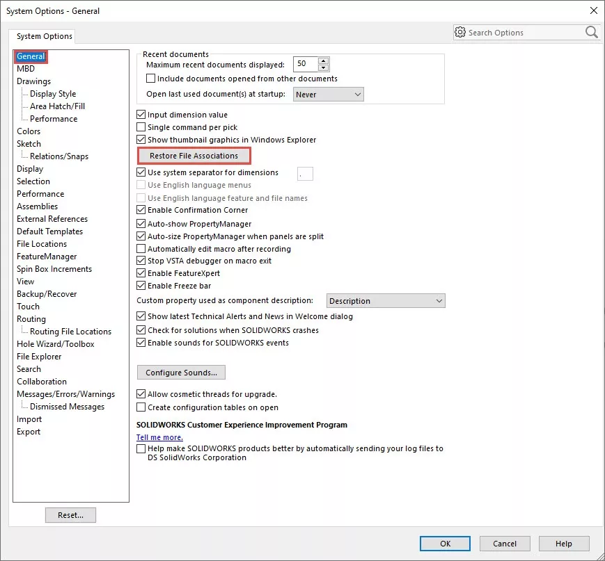 SOLIDWORKS System Options Change Default Version