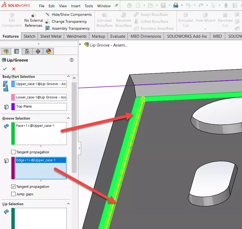 SOLIDWORKS Groove Face Edge Selection