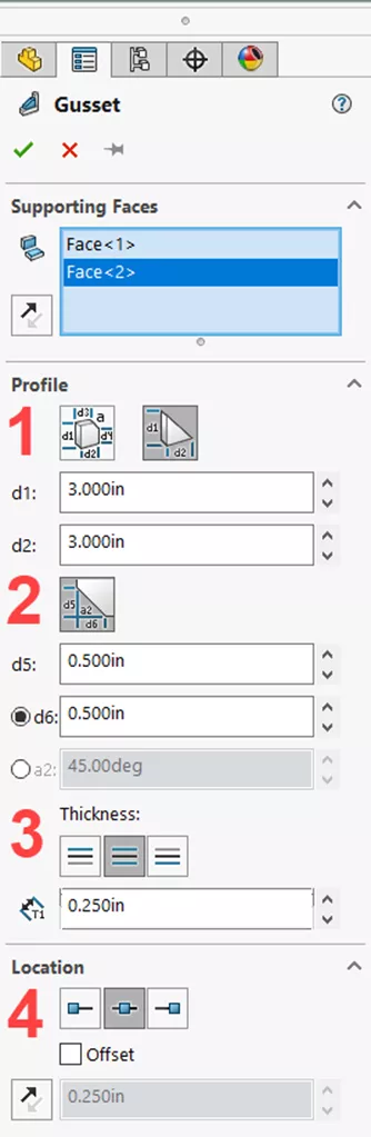 Gusset Options in SOLIDOWRKS 