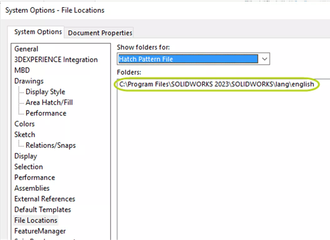 Hatch Pattern File location for SOLIDWORKS 2023 on a computer