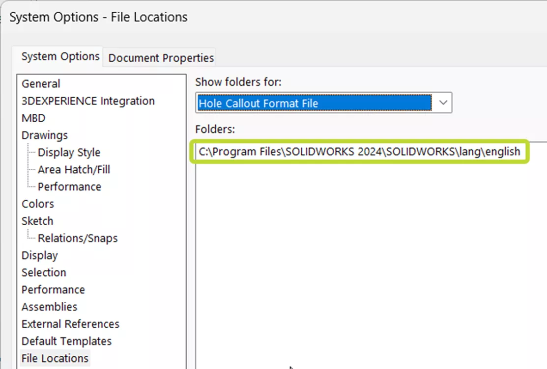 SOLIDWORKS Hole Callout Format File Location