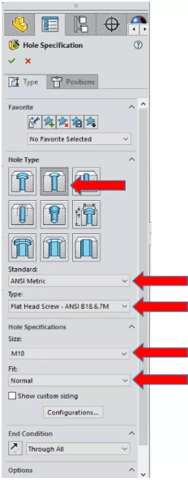 SOLIDWORKS Hole Specification Options