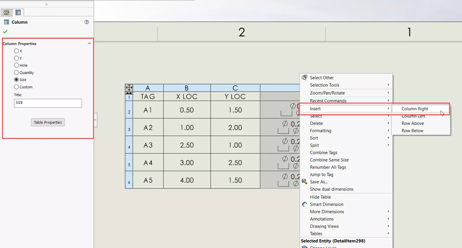 SOLIDWORKS Hole Table Column PropertyManager