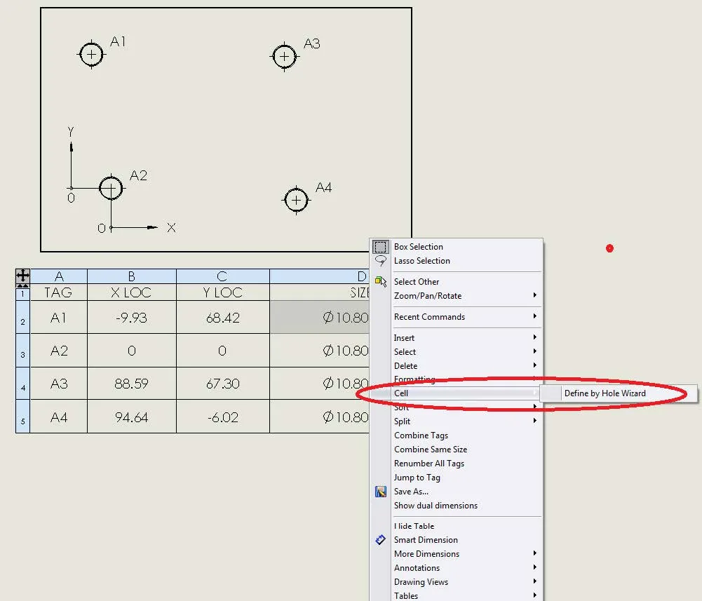 SOLIDWORKS Hole Table Define by Hole Wizard