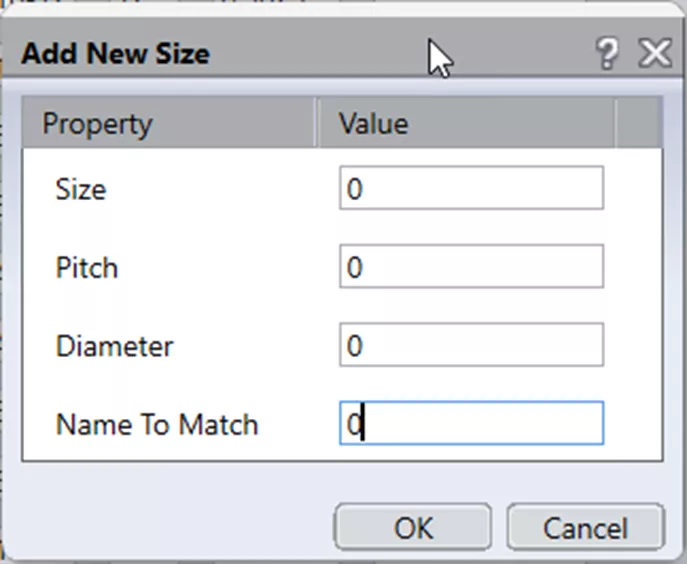 Add New Size Dialog Box in SOLIDWORKS Hole Wizard