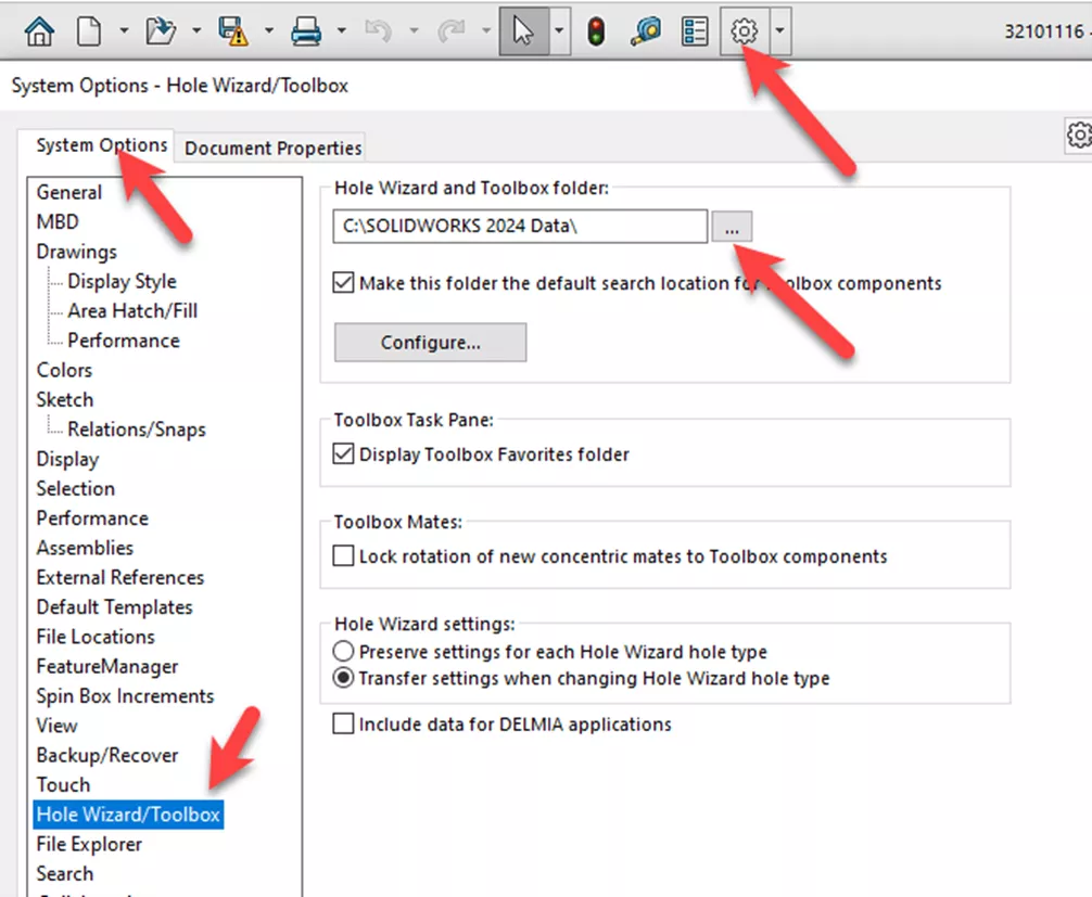 SOLIDWORKS Hole Wizard/Toolbox System Options