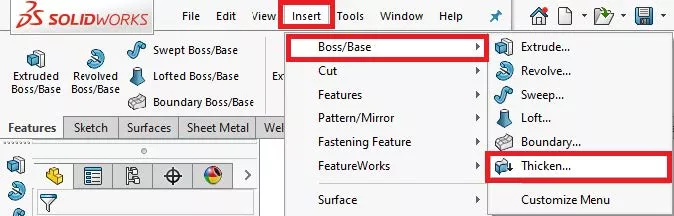 Accessing the SOLIDWORKS Thicken Command